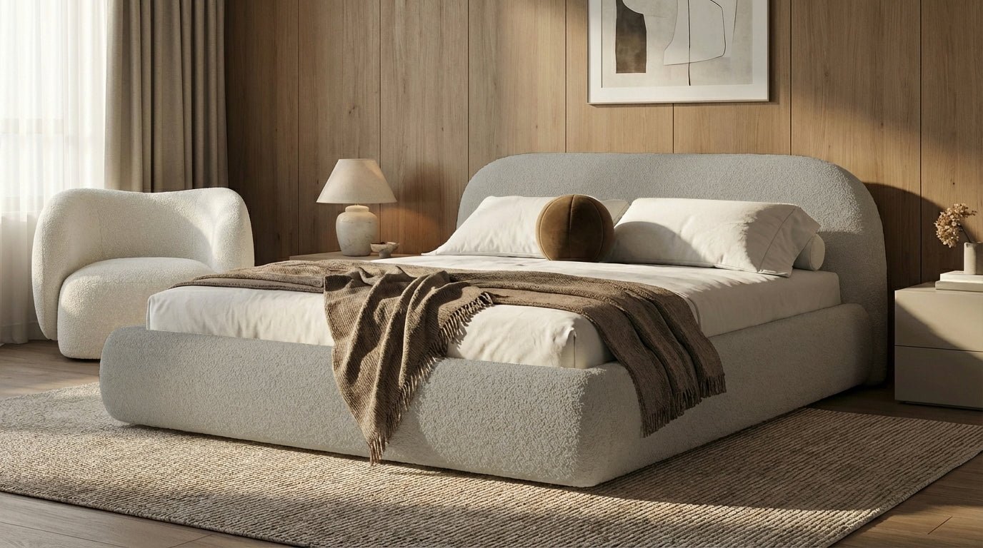 Design gestoffeerd bed Luma in Bouclé met opbergruimte