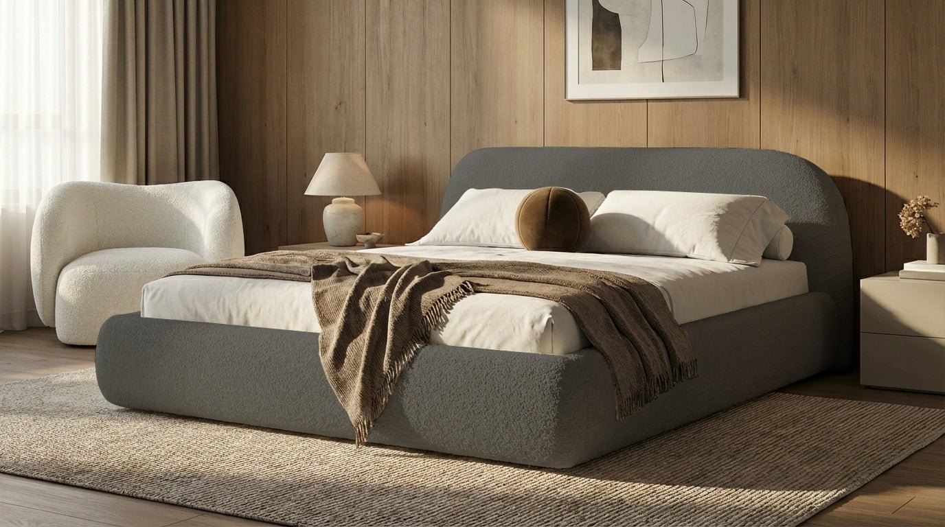 Design gestoffeerd bed Luma in Bouclé met opbergruimte