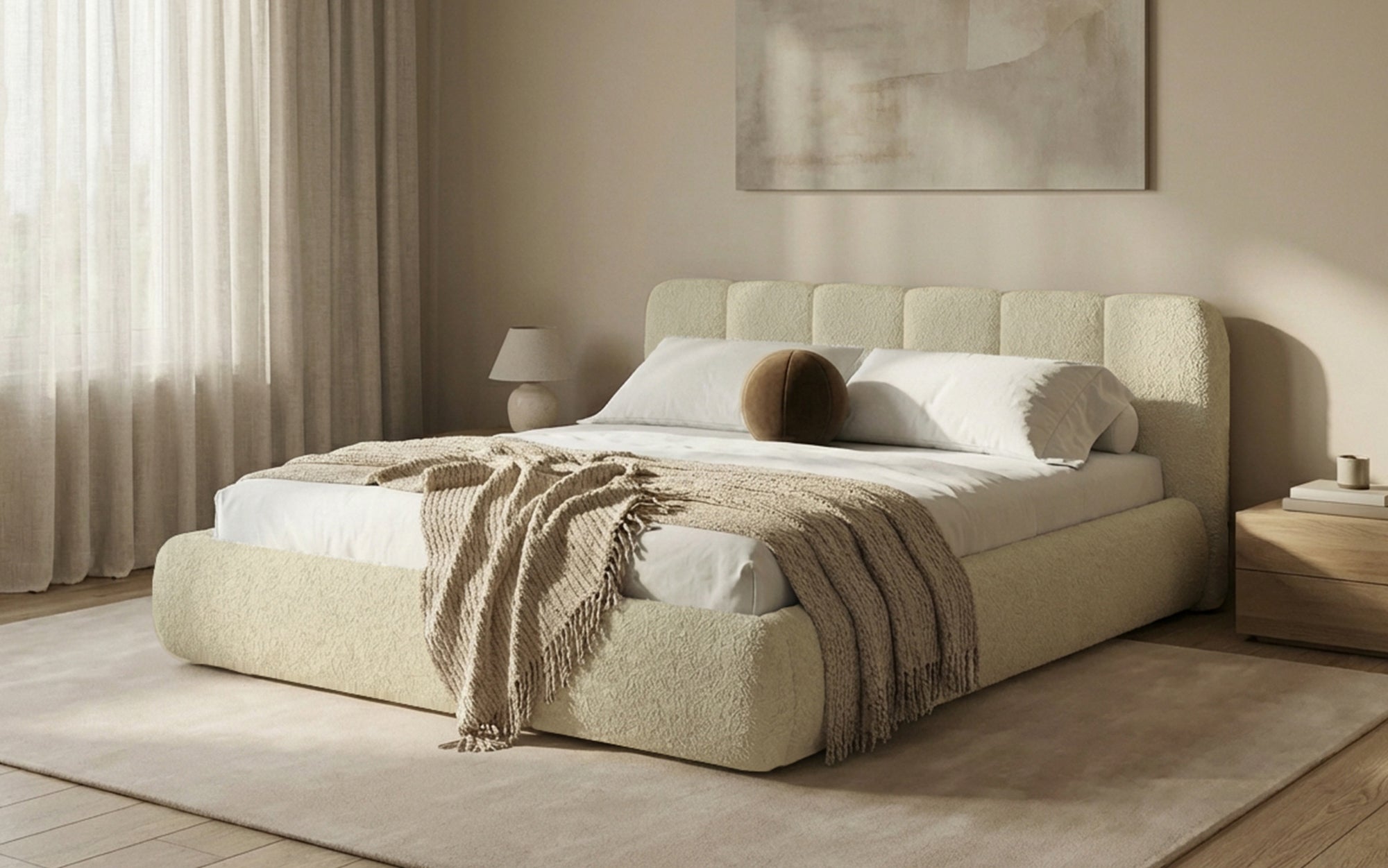 Design gestoffeerd bed Avelo in Bouclé met opbergruimte