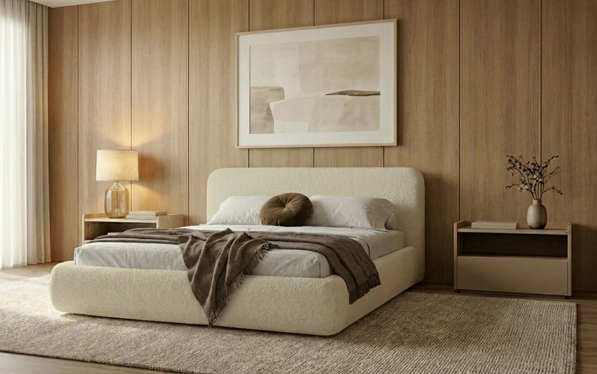 Design gestoffeerd bed Arosa in Bouclé met opbergruimte