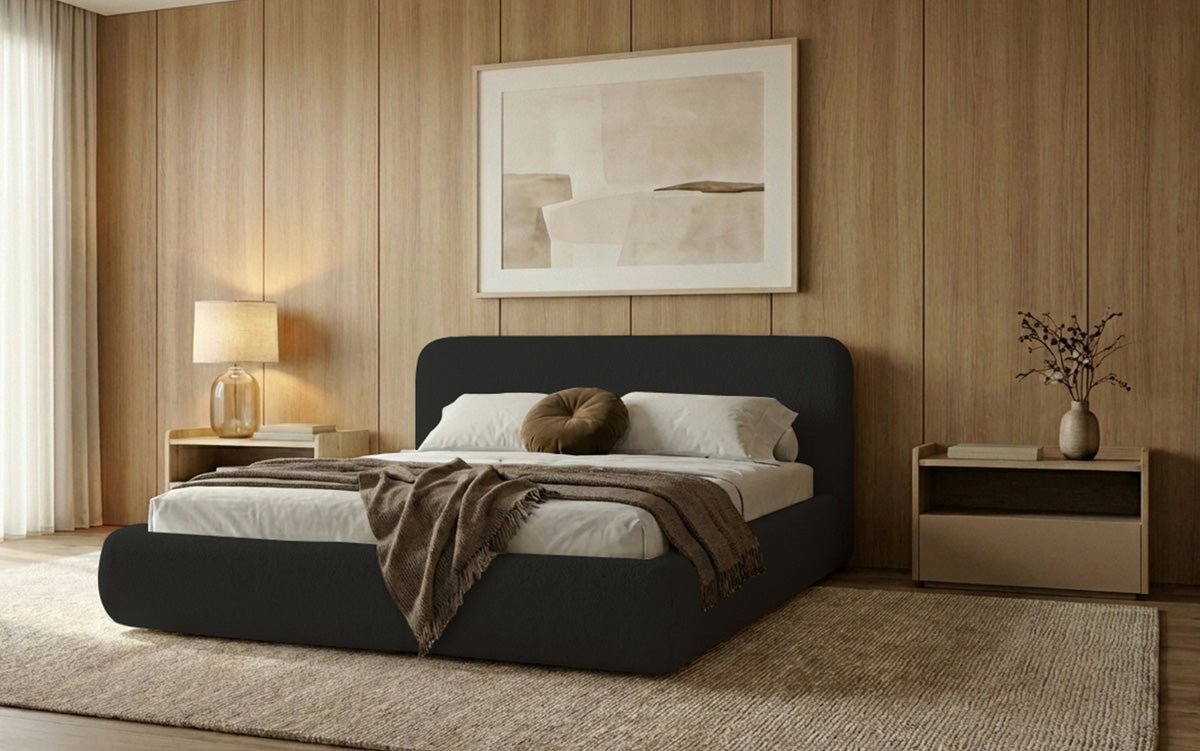 Design gestoffeerd bed Arosa in Bouclé met opbergruimte