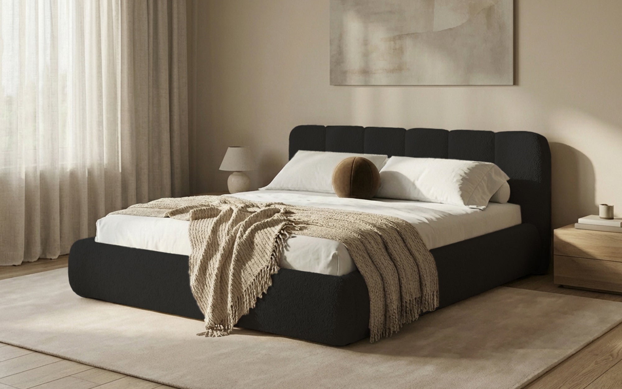 Design gestoffeerd bed Avelo in Bouclé met opbergruimte