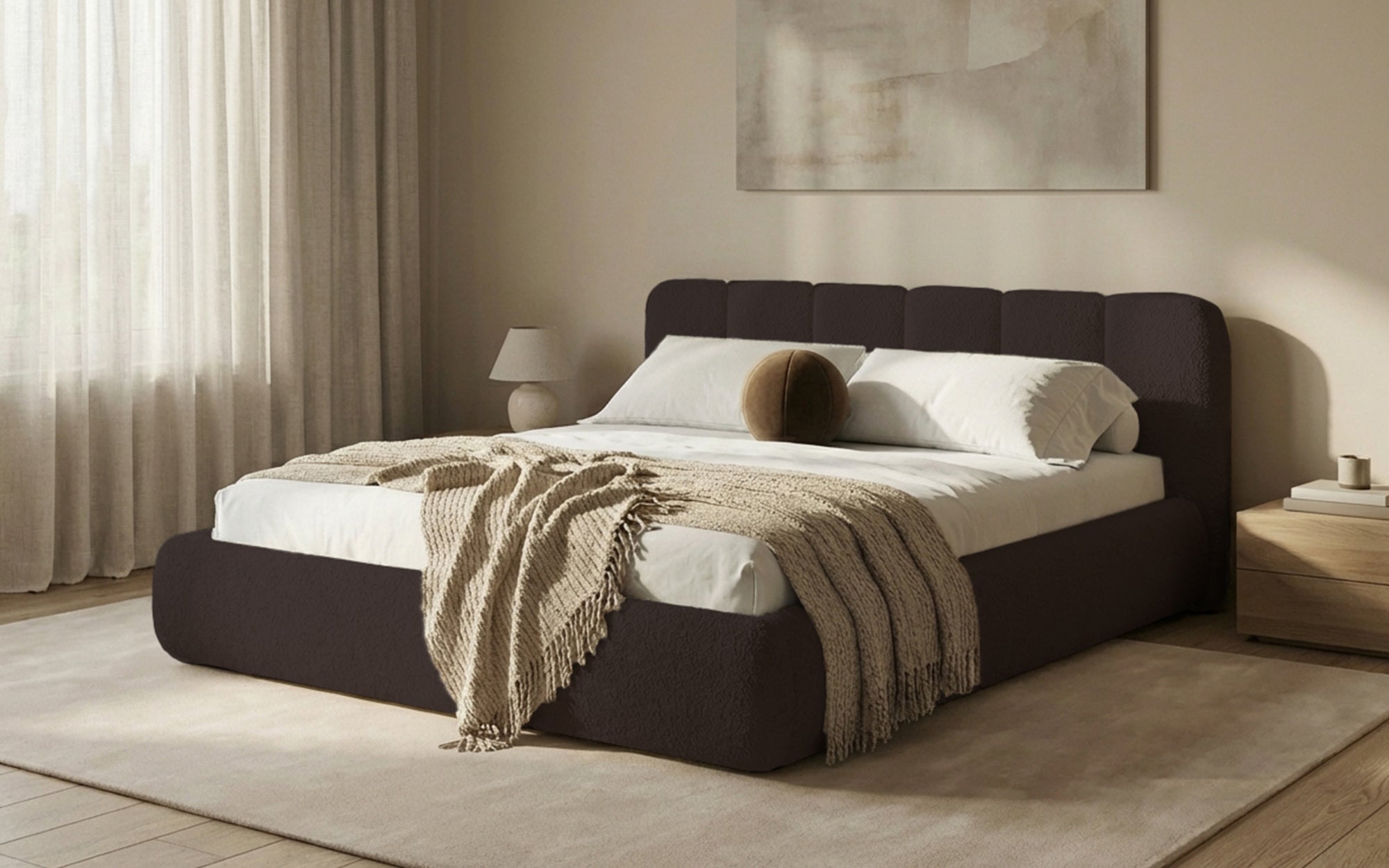 Design gestoffeerd bed Avelo in Bouclé met opbergruimte