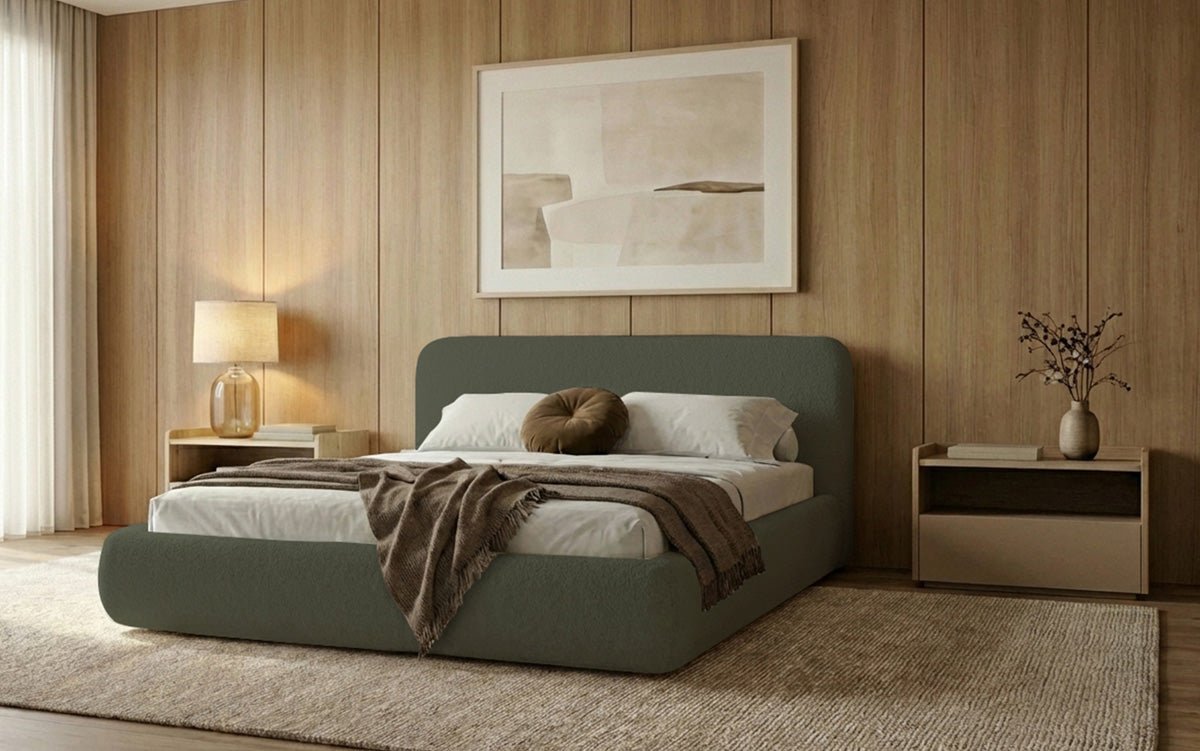 Design gestoffeerd bed Arosa in Bouclé met opbergruimte