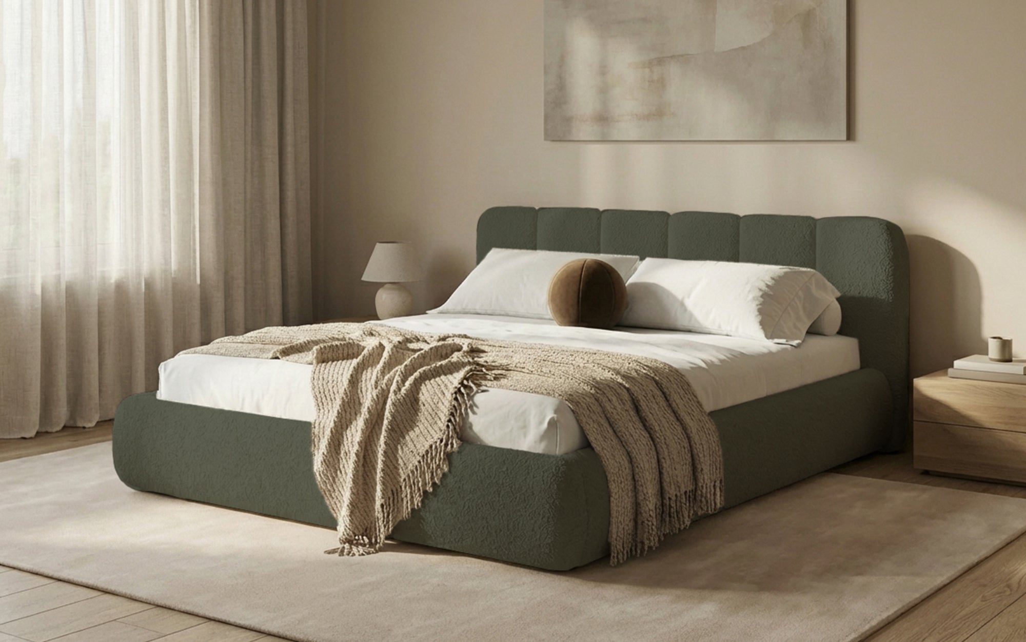 Design gestoffeerd bed Avelo in Bouclé met opbergruimte