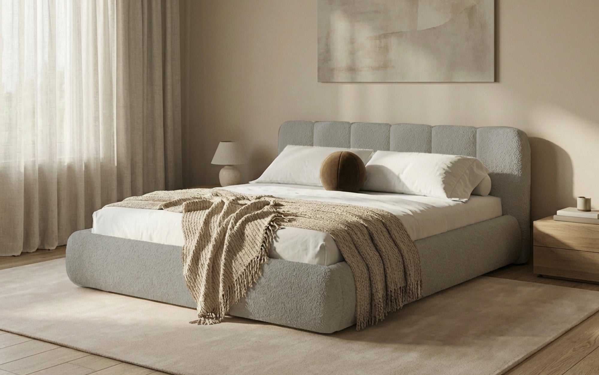 Design gestoffeerd bed Avelo in Bouclé met opbergruimte