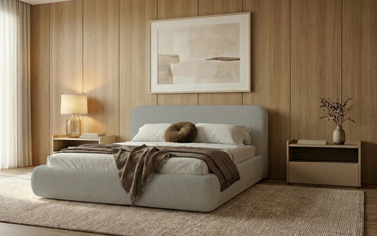 Design gestoffeerd bed Arosa in Bouclé met opbergruimte