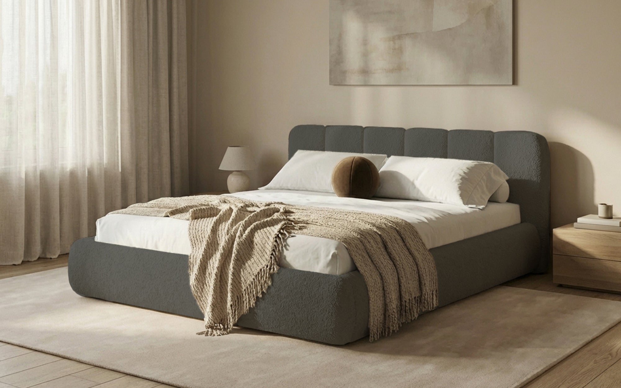 Design gestoffeerd bed Avelo in Bouclé met opbergruimte