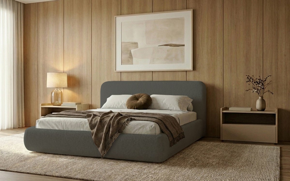Design gestoffeerd bed Arosa in Bouclé met opbergruimte