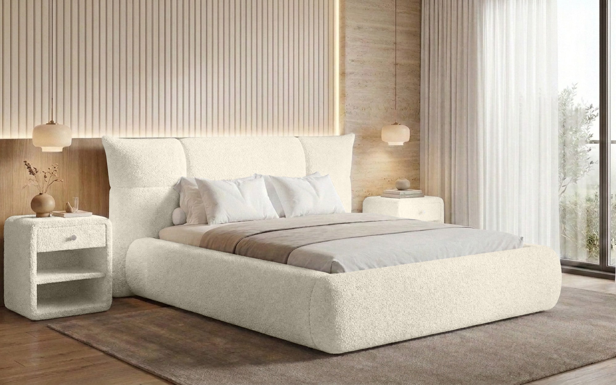 Designer gestoffeerd bed Gioia in Teddystof Bouclé met opbergruimte