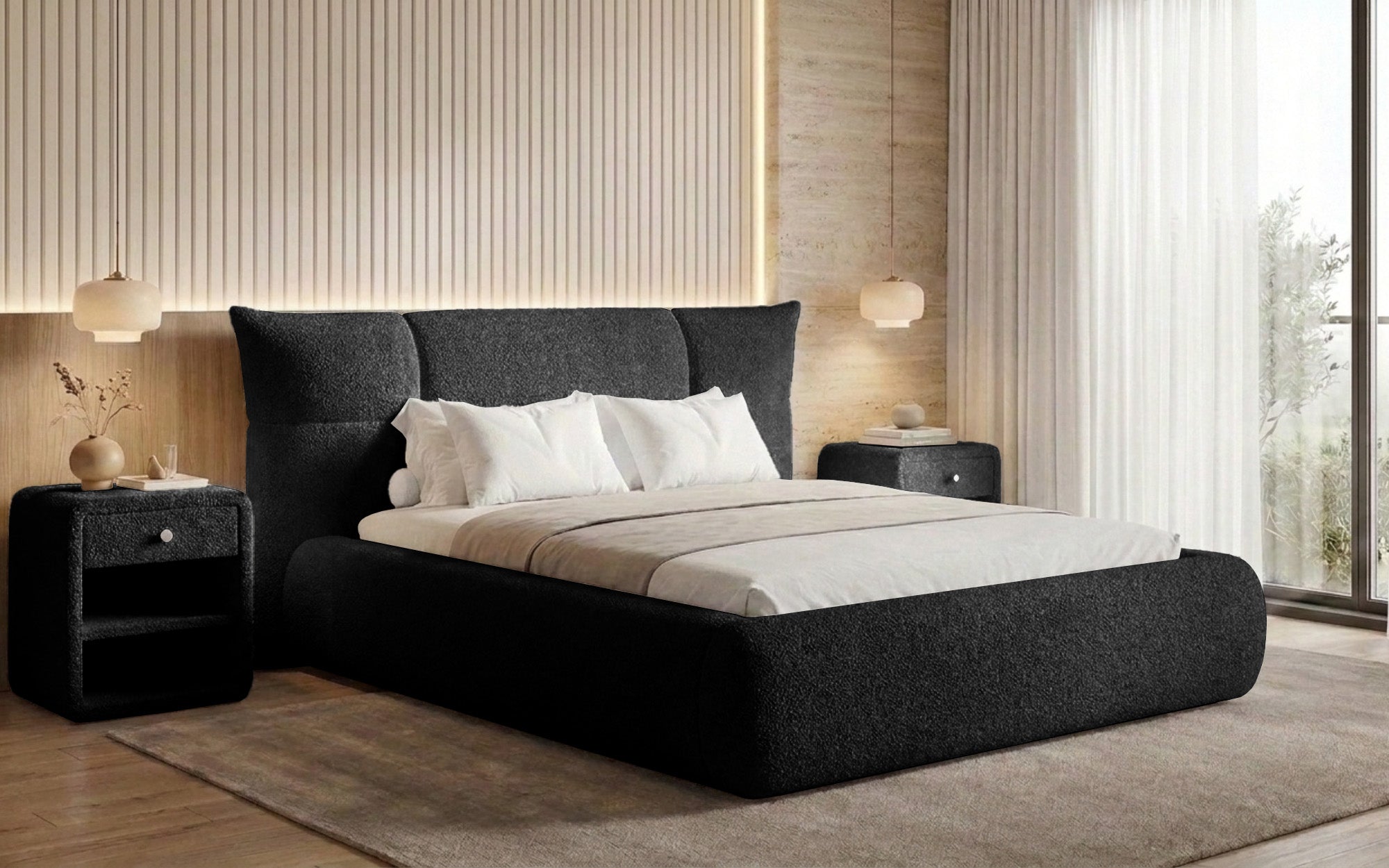 Designer gestoffeerd bed Gioia in Teddystof Bouclé met opbergruimte