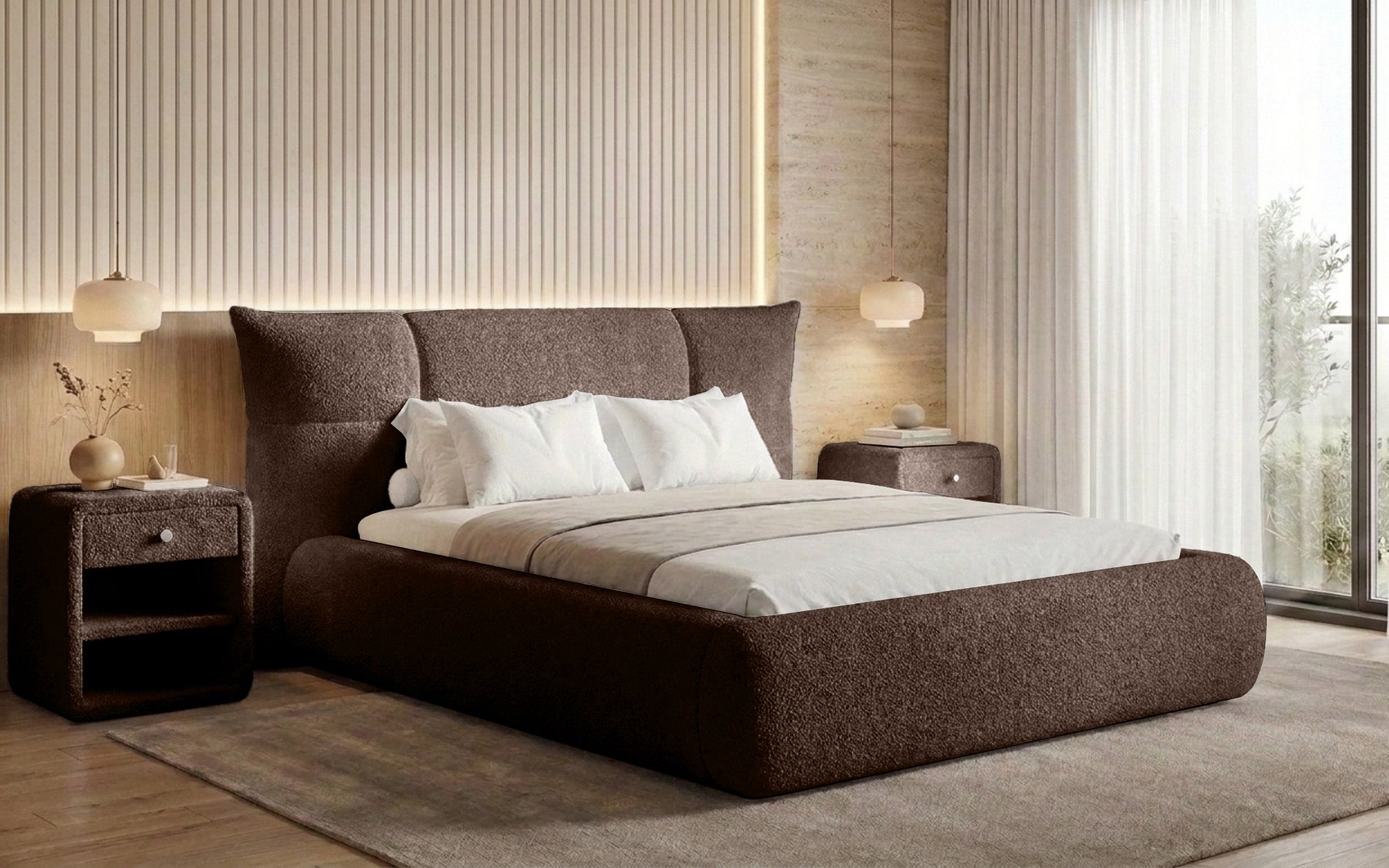 Designer gestoffeerd bed Gioia in Teddystof Bouclé met opbergruimte