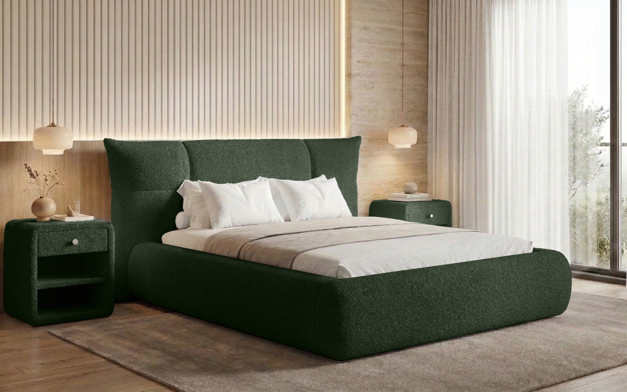 Designer gestoffeerd bed Gioia in Teddystof Bouclé met opbergruimte