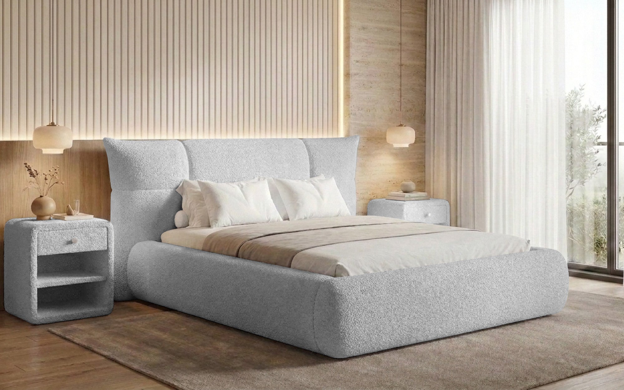 Designer gestoffeerd bed Gioia in Teddystof Bouclé met opbergruimte