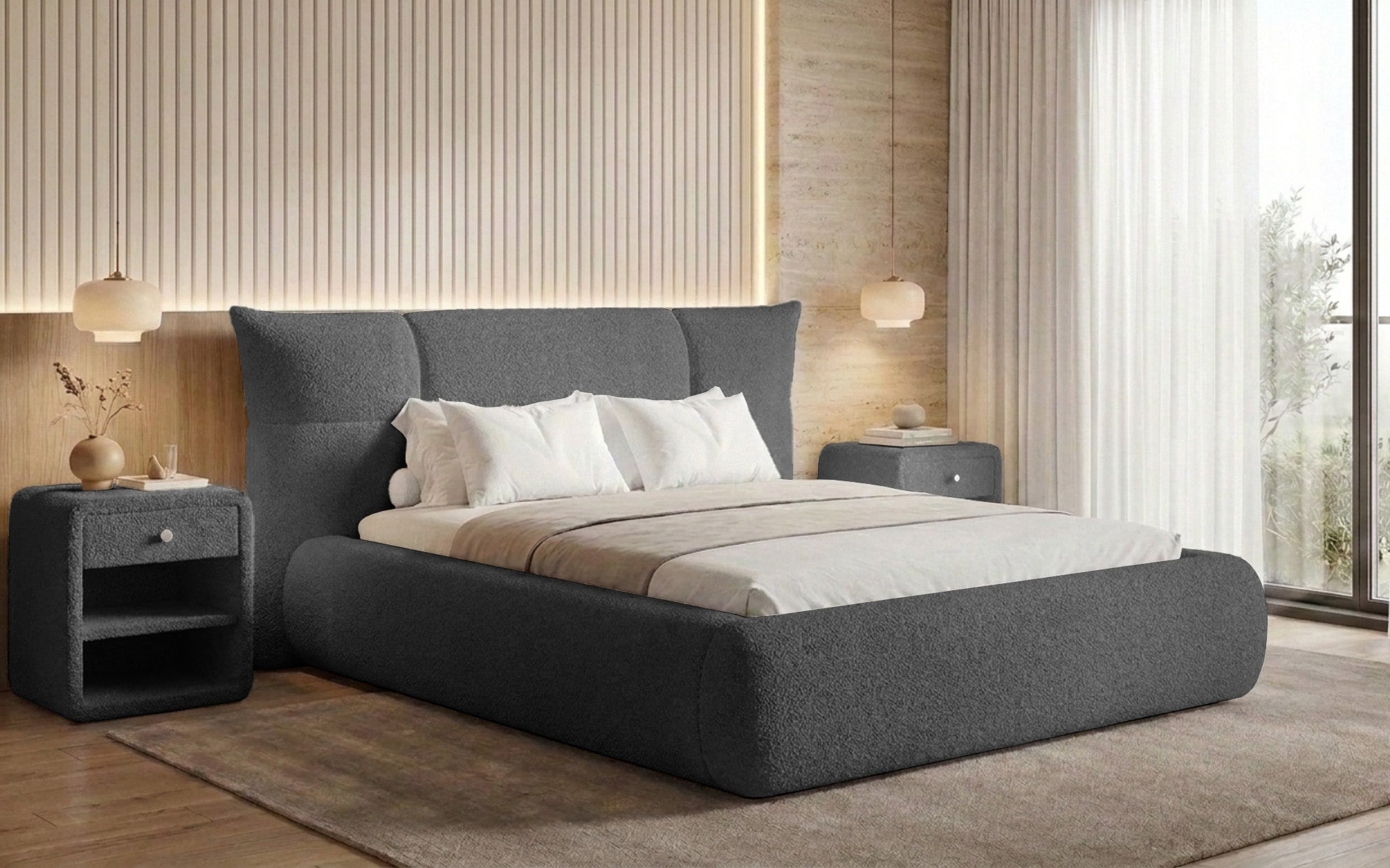 Designer gestoffeerd bed Gioia in Teddystof Bouclé met opbergruimte