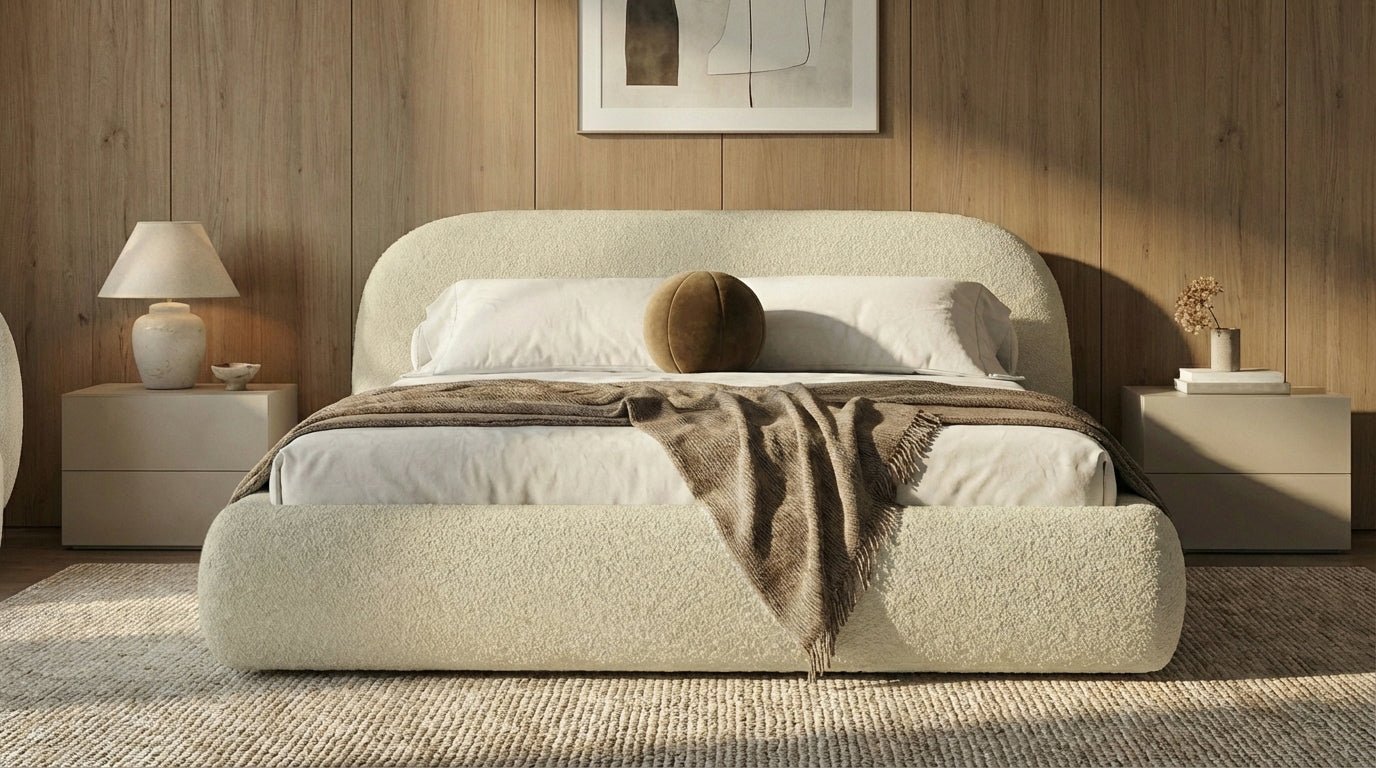 Design gestoffeerd bed Luma in Bouclé met opbergruimte