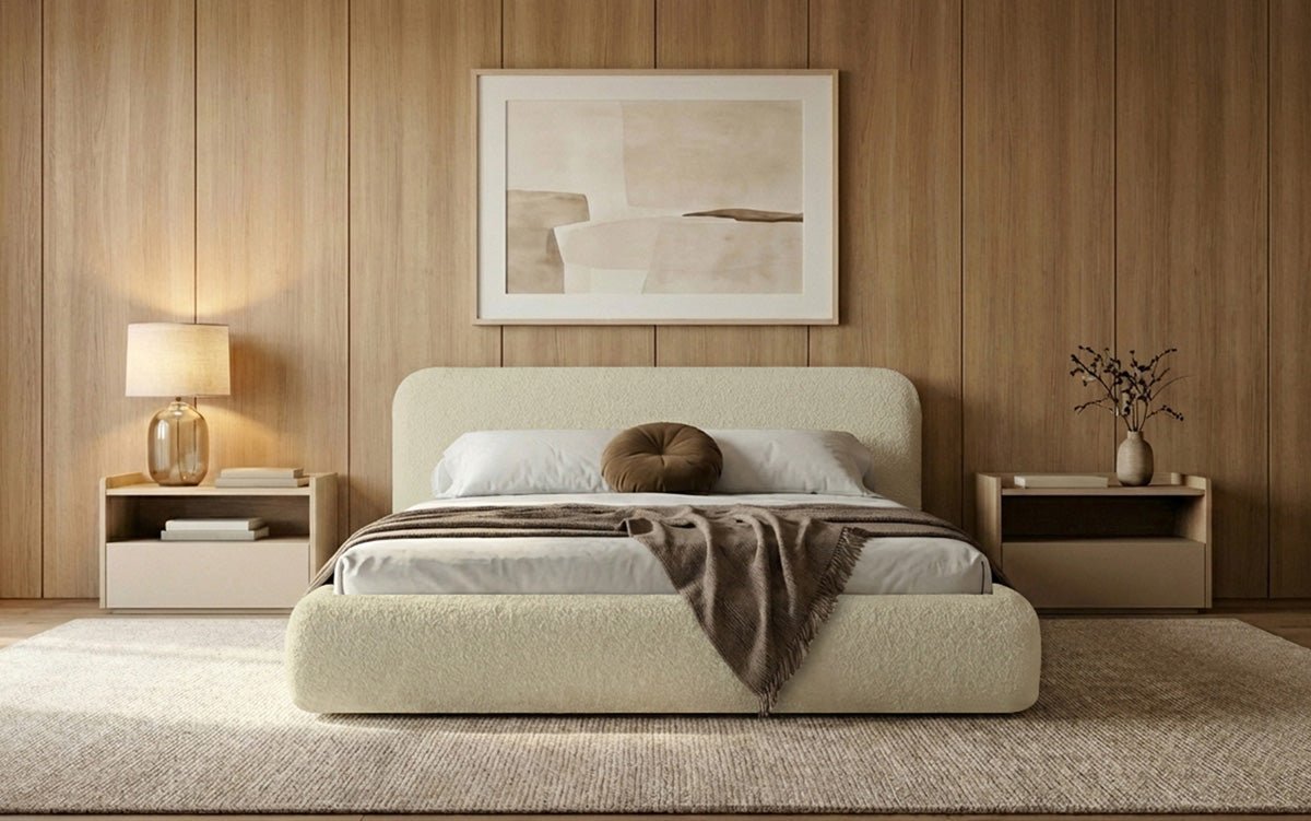 Design gestoffeerd bed Arosa in Bouclé met opbergruimte