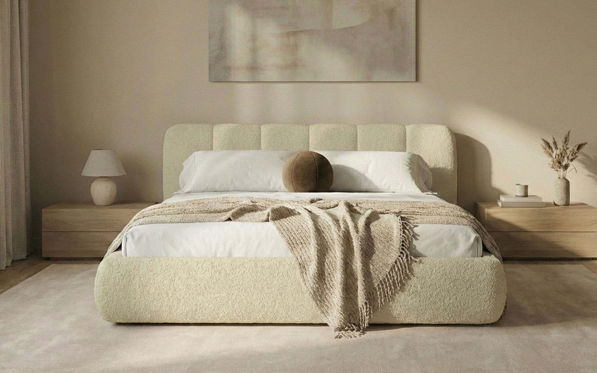Design gestoffeerd bed Avelo in Bouclé met opbergruimte