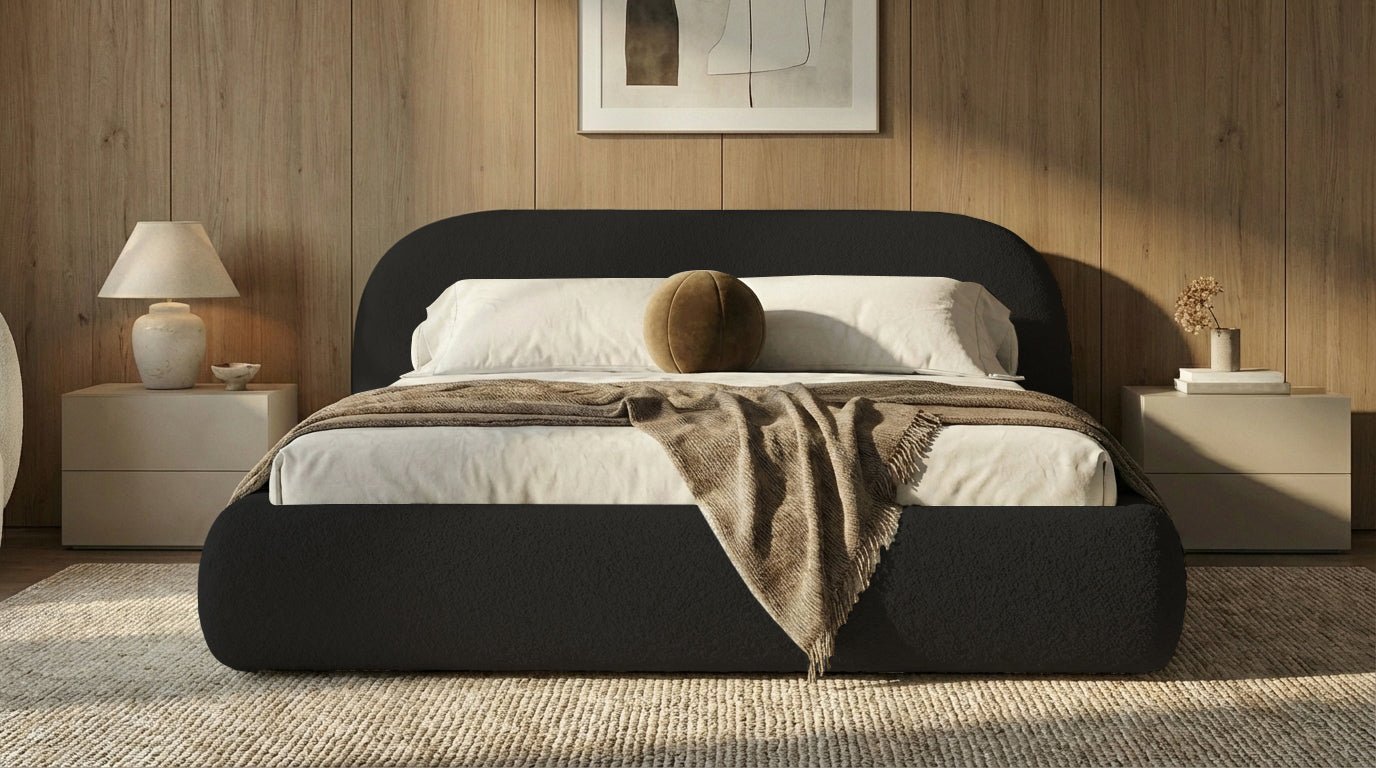 Design gestoffeerd bed Luma in Bouclé met opbergruimte