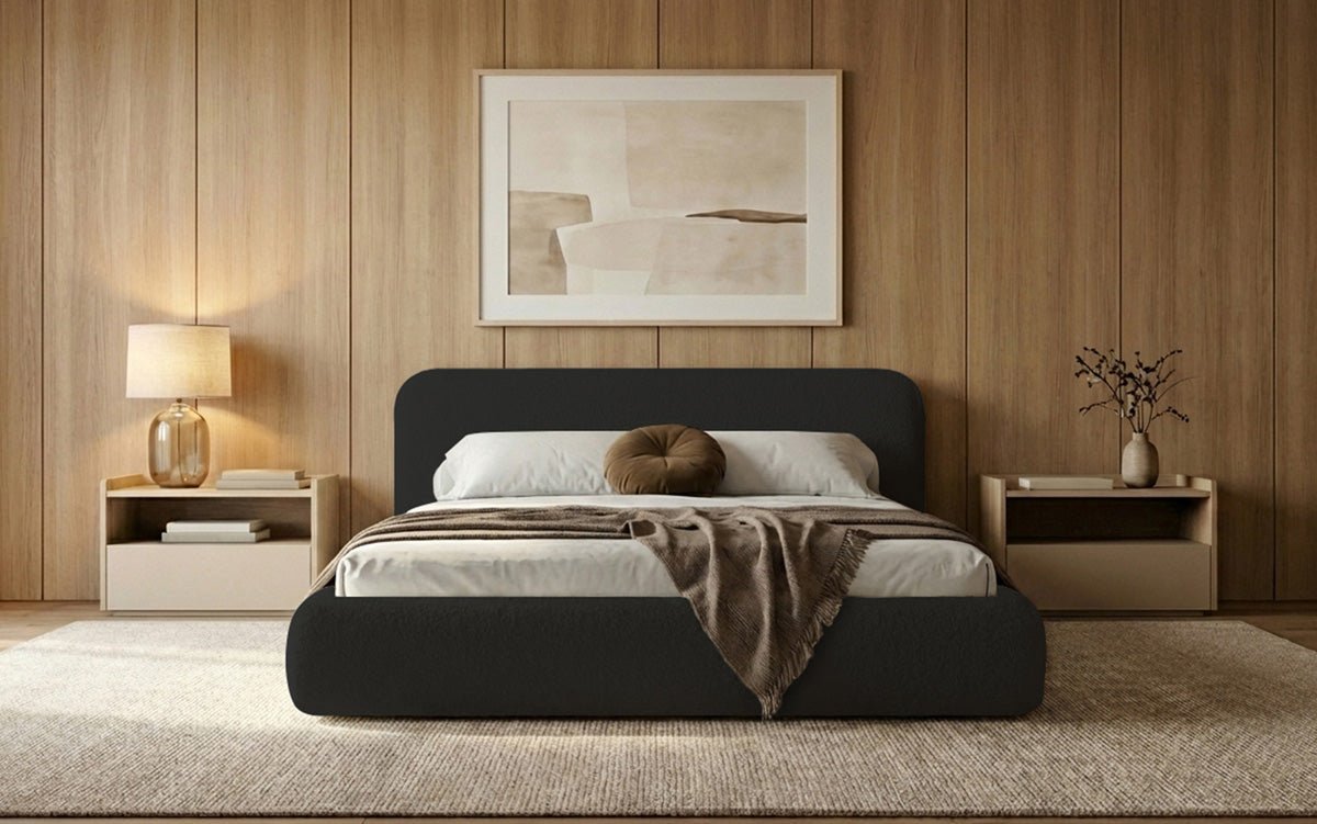 Design gestoffeerd bed Arosa in Bouclé met opbergruimte