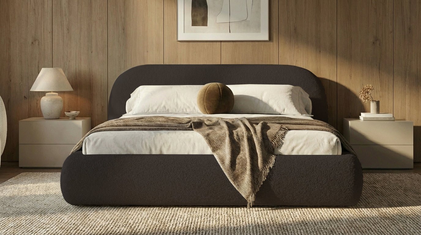 Design gestoffeerd bed Luma in Bouclé met opbergruimte