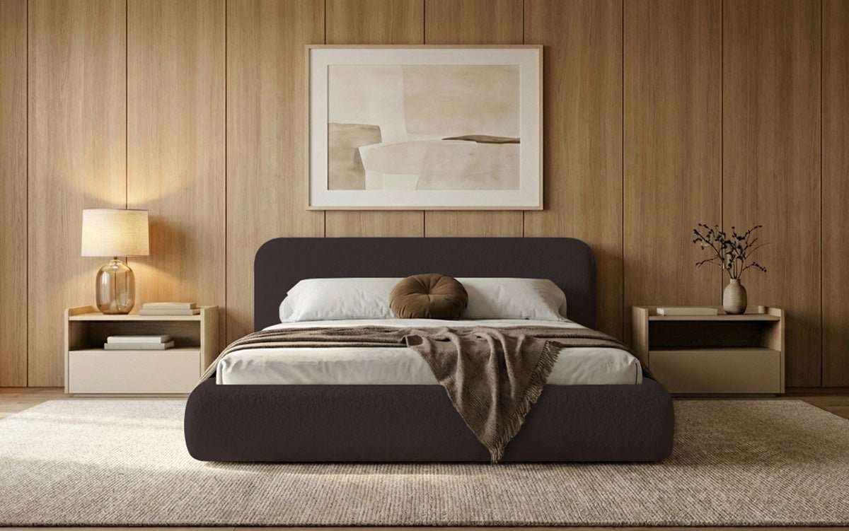 Design gestoffeerd bed Arosa in Bouclé met opbergruimte