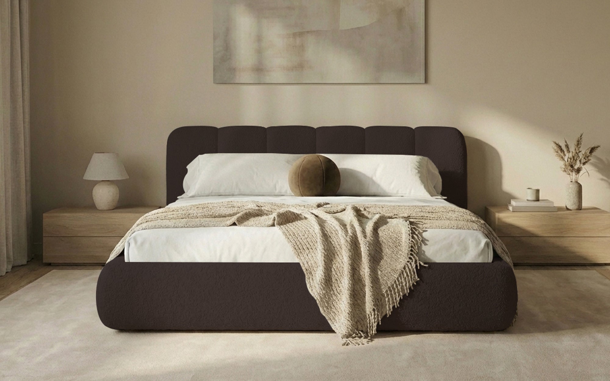 Design gestoffeerd bed Avelo in Bouclé met opbergruimte