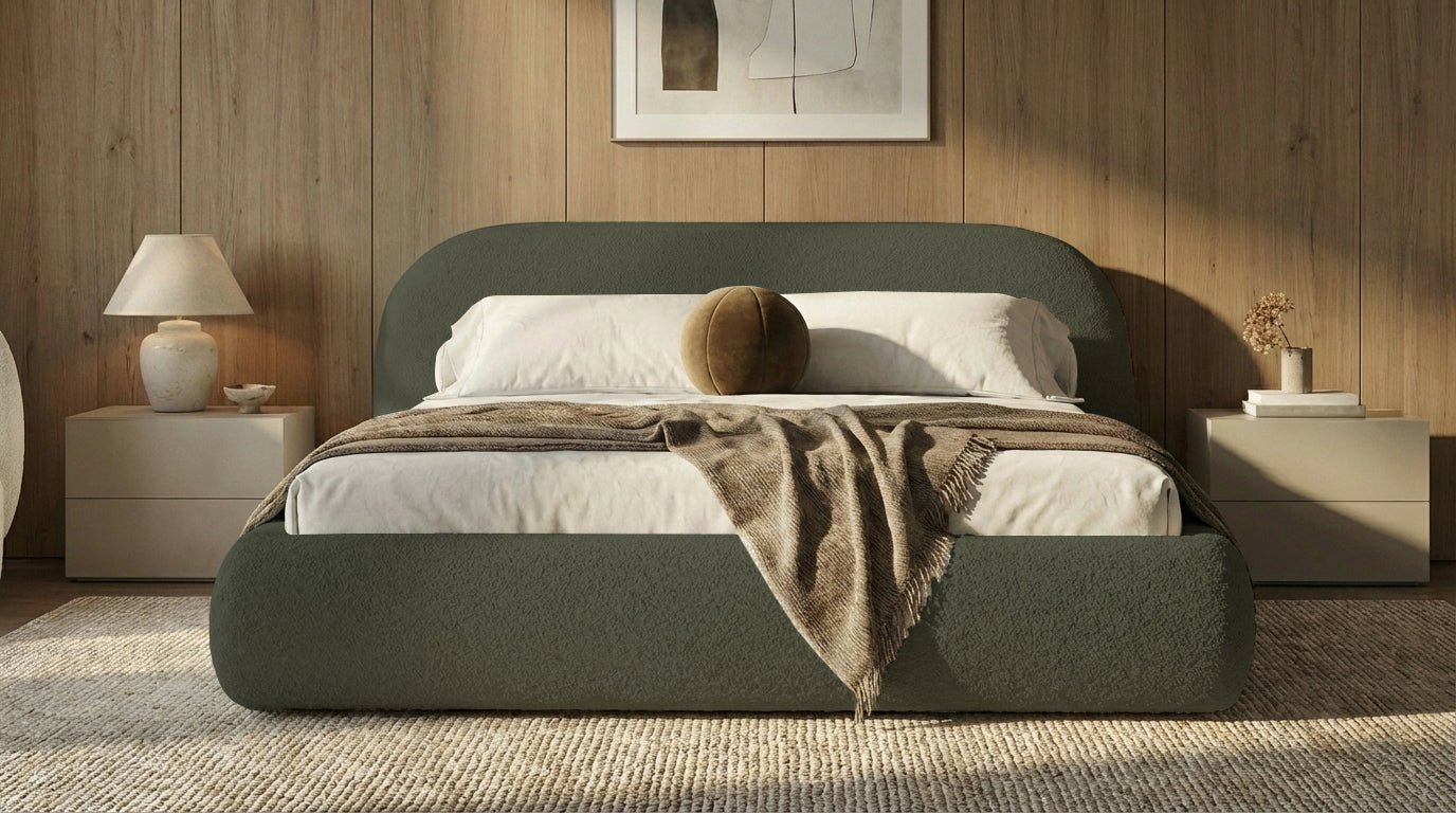 Design gestoffeerd bed Luma in Bouclé met opbergruimte