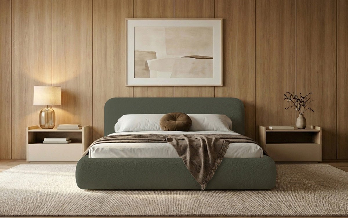 Design gestoffeerd bed Arosa in Bouclé met opbergruimte