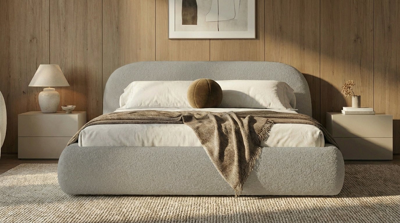 Design gestoffeerd bed Luma in Bouclé met opbergruimte