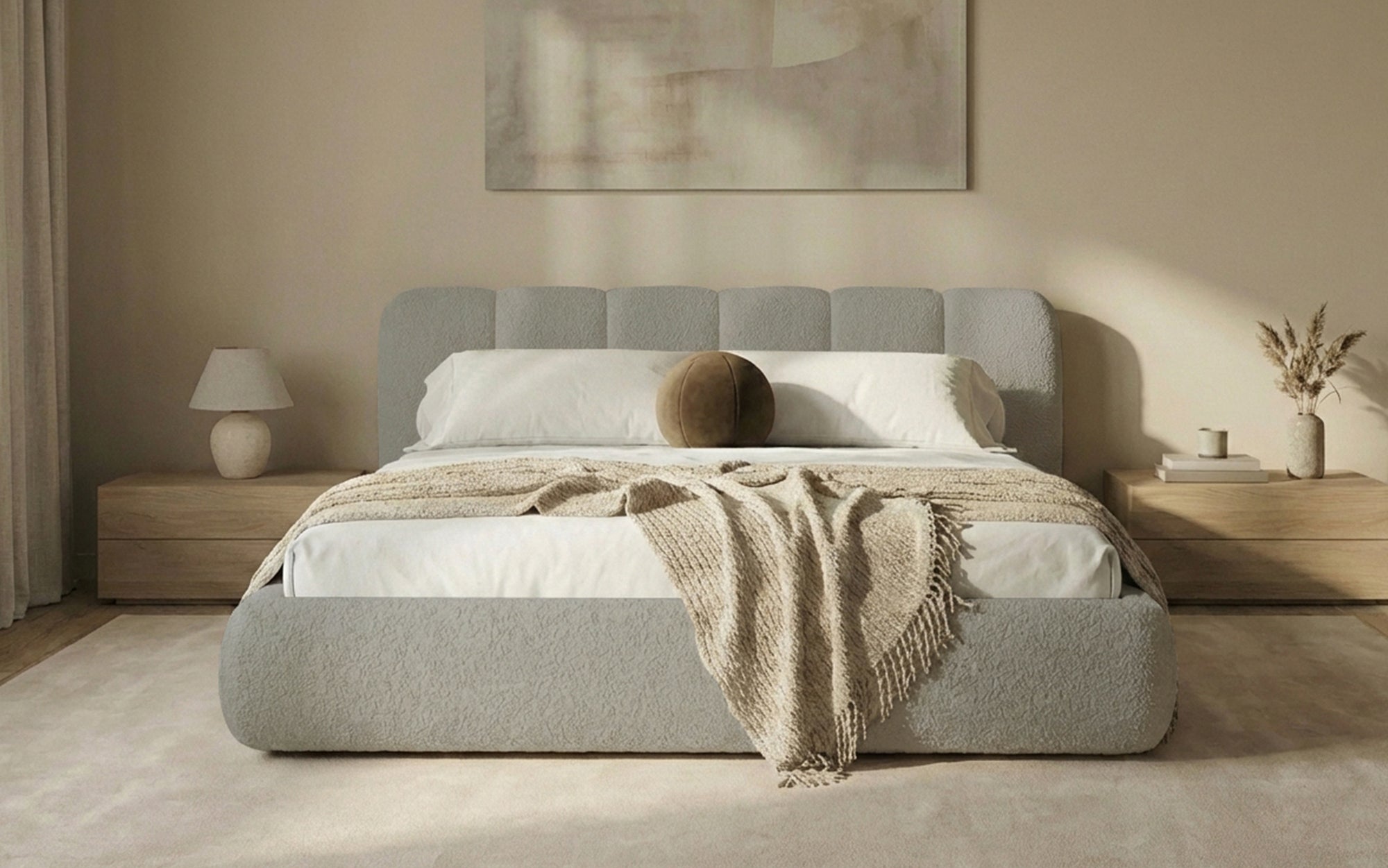 Design gestoffeerd bed Avelo in Bouclé met opbergruimte