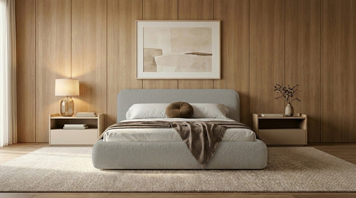 Design gestoffeerd bed Arosa in Bouclé met opbergruimte