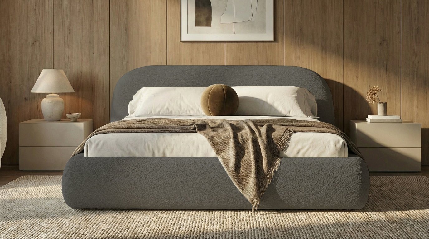 Design gestoffeerd bed Luma in Bouclé met opbergruimte