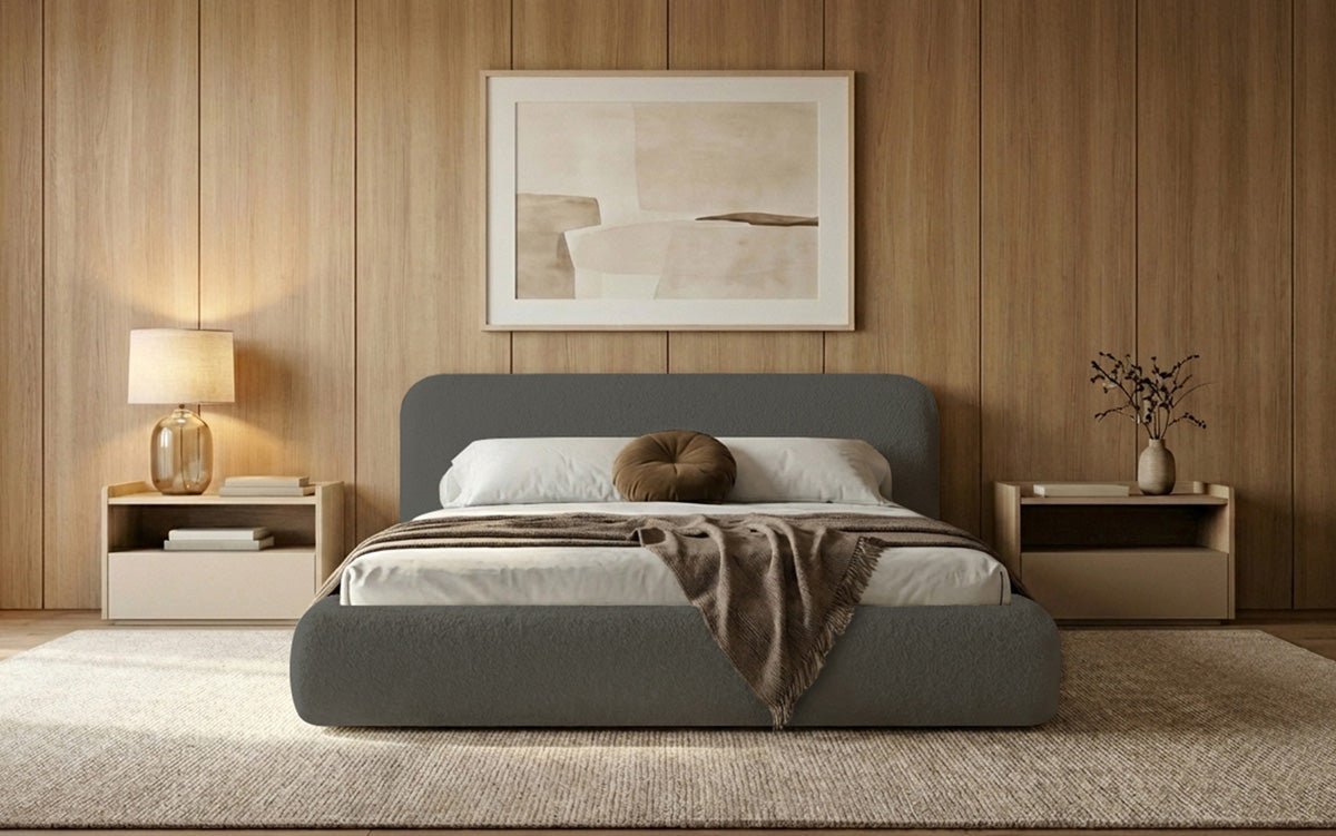 Design gestoffeerd bed Arosa in Bouclé met opbergruimte