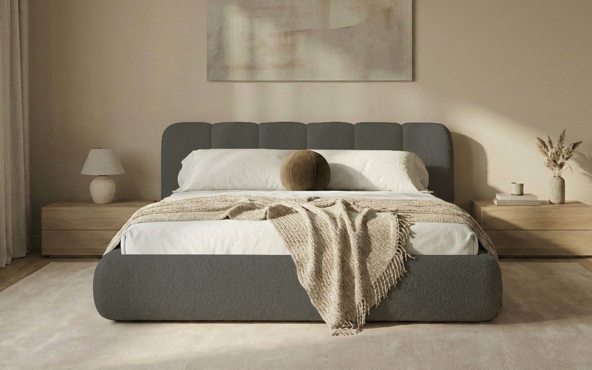Design gestoffeerd bed Avelo in Bouclé met opbergruimte