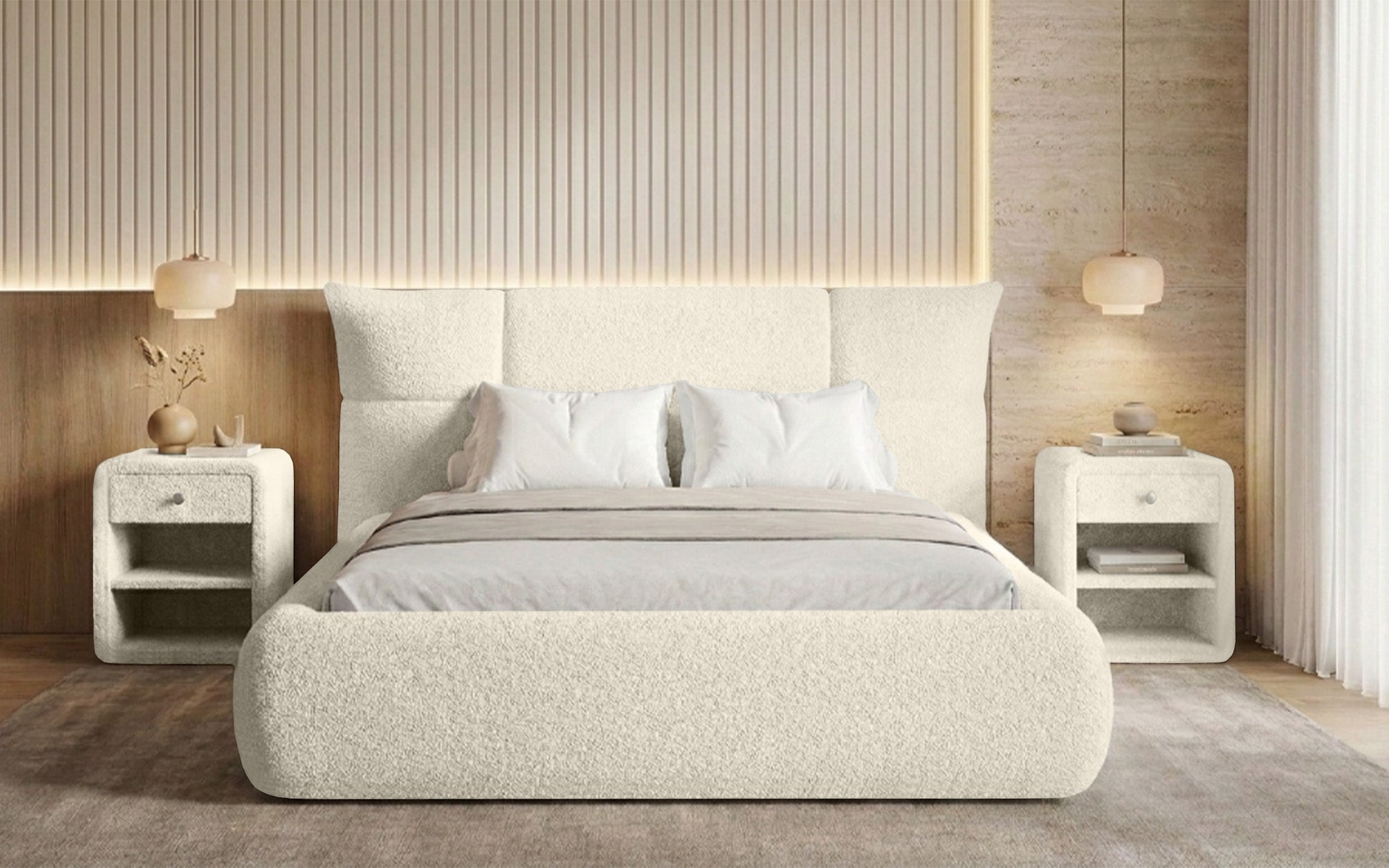 Designer gestoffeerd bed Gioia in Teddystof Bouclé met opbergruimte