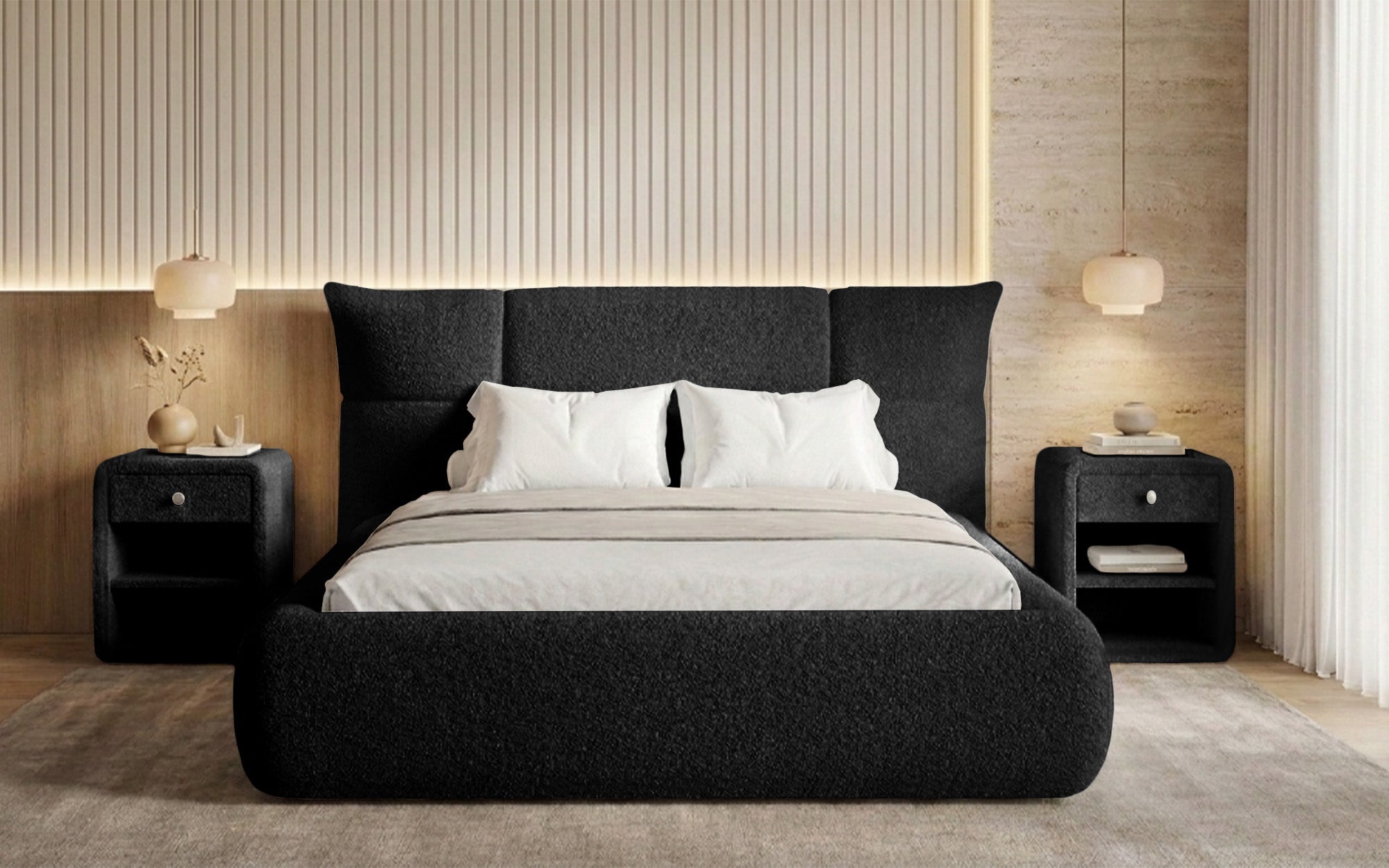 Designer gestoffeerd bed Gioia in Teddystof Bouclé met opbergruimte