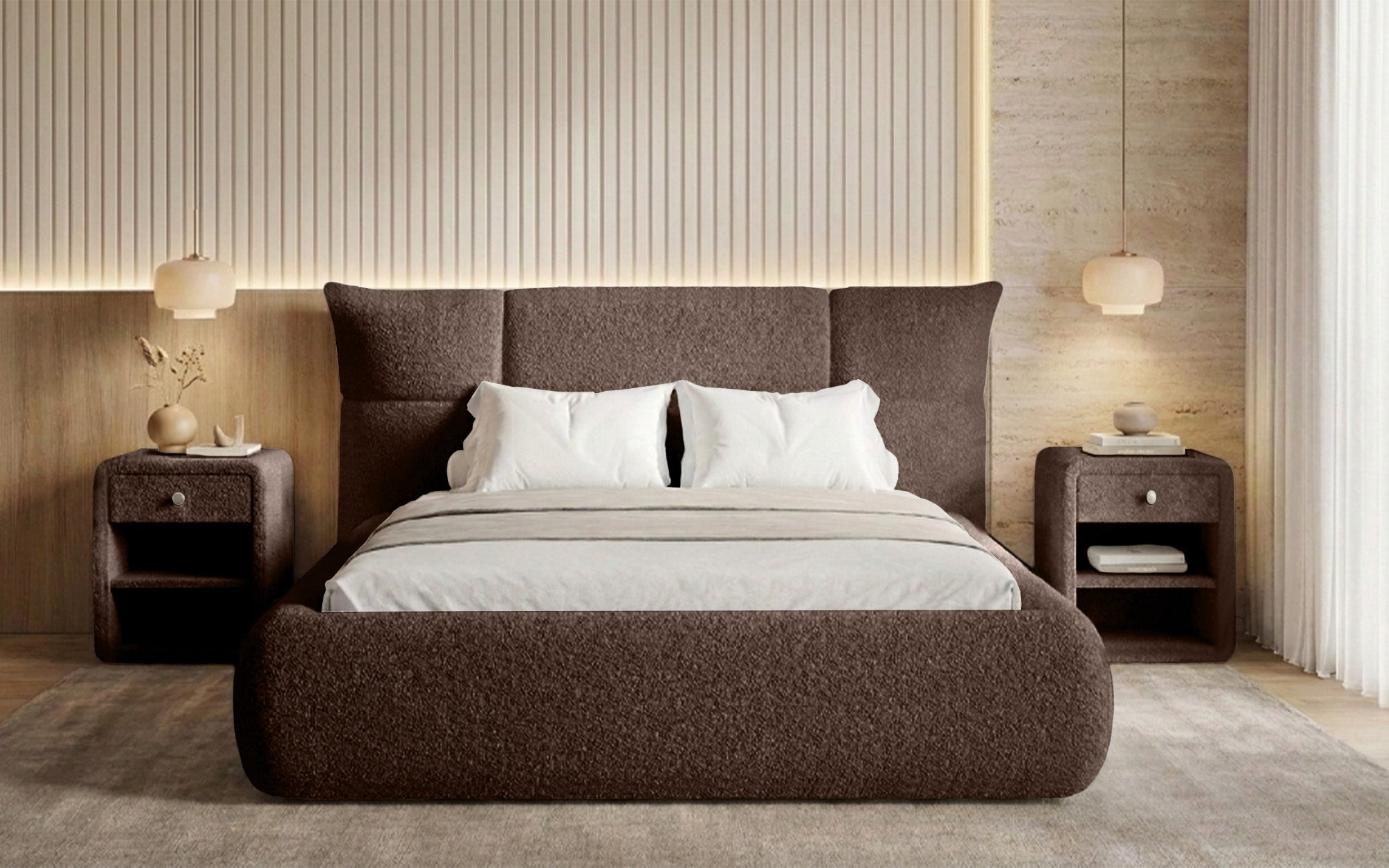 Designer gestoffeerd bed Gioia in Teddystof Bouclé met opbergruimte