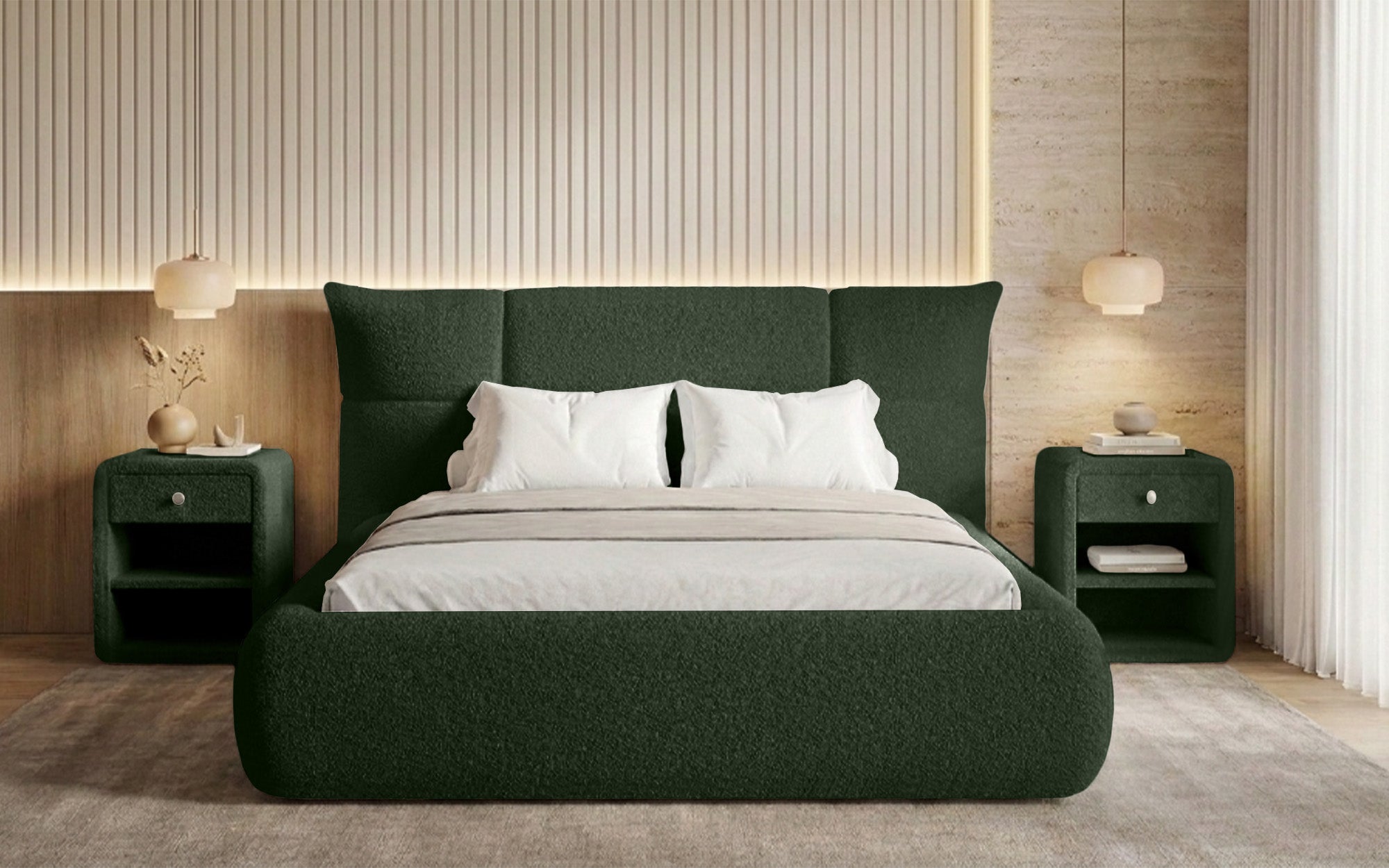 Designer gestoffeerd bed Gioia in Teddystof Bouclé met opbergruimte