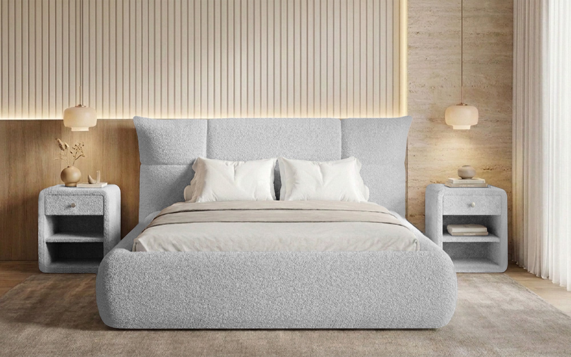 Designer gestoffeerd bed Gioia in Teddystof Bouclé met opbergruimte