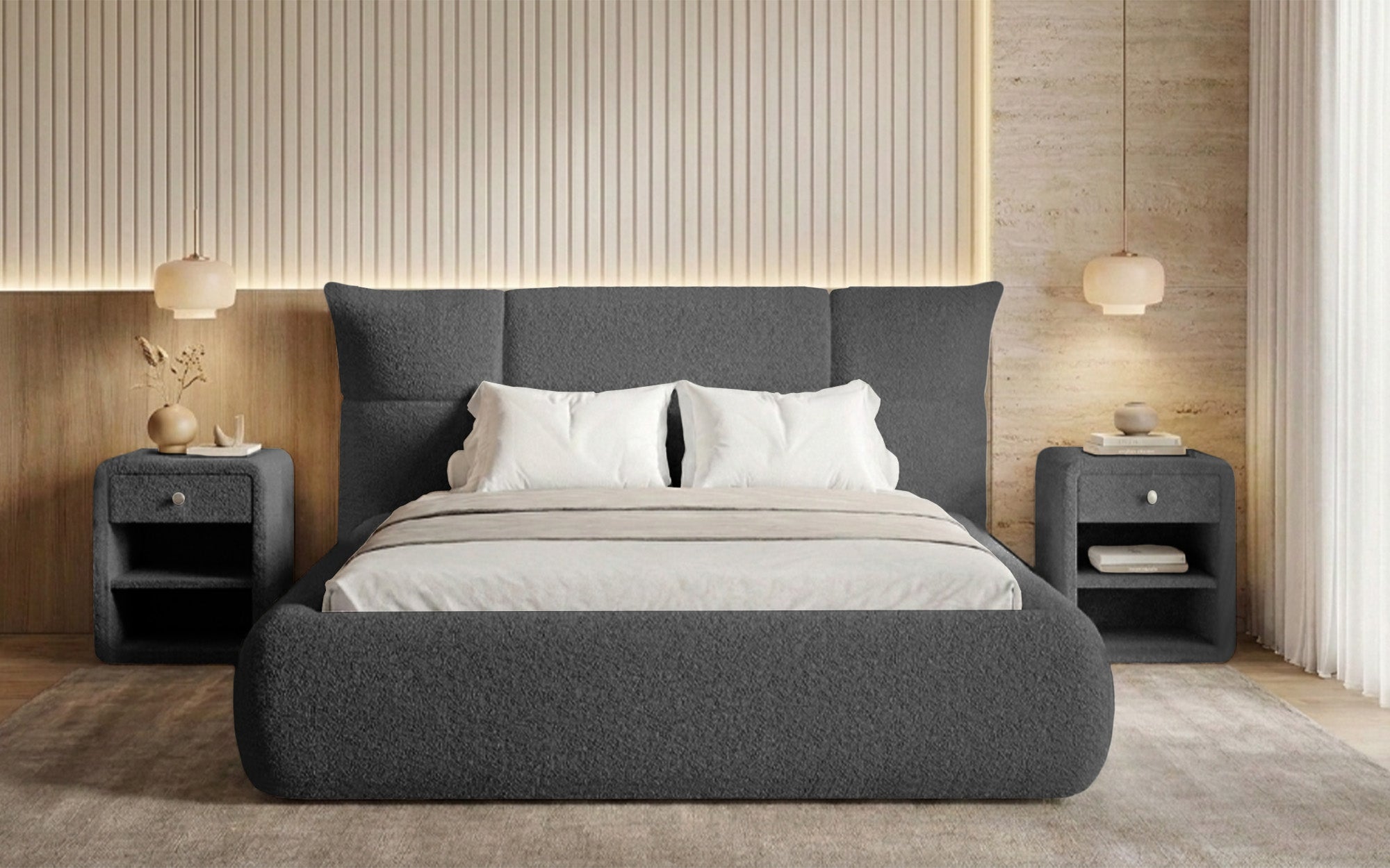 Designer gestoffeerd bed Gioia in Teddystof Bouclé met opbergruimte