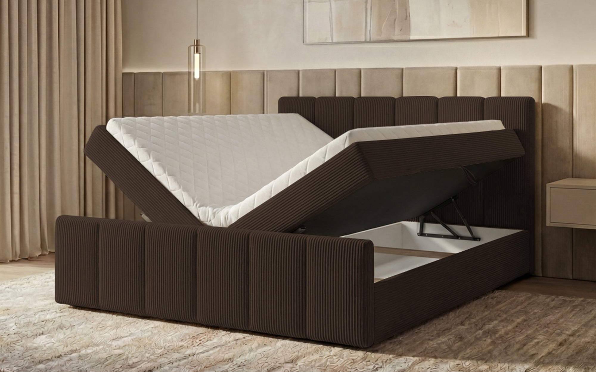 Boxspringbed Siena met opklapbare bergruimte in Ribstof