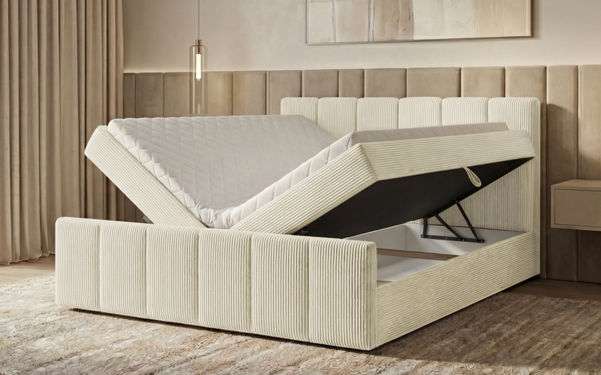 Boxspringbed Siena met opklapbare bergruimte in Ribstof