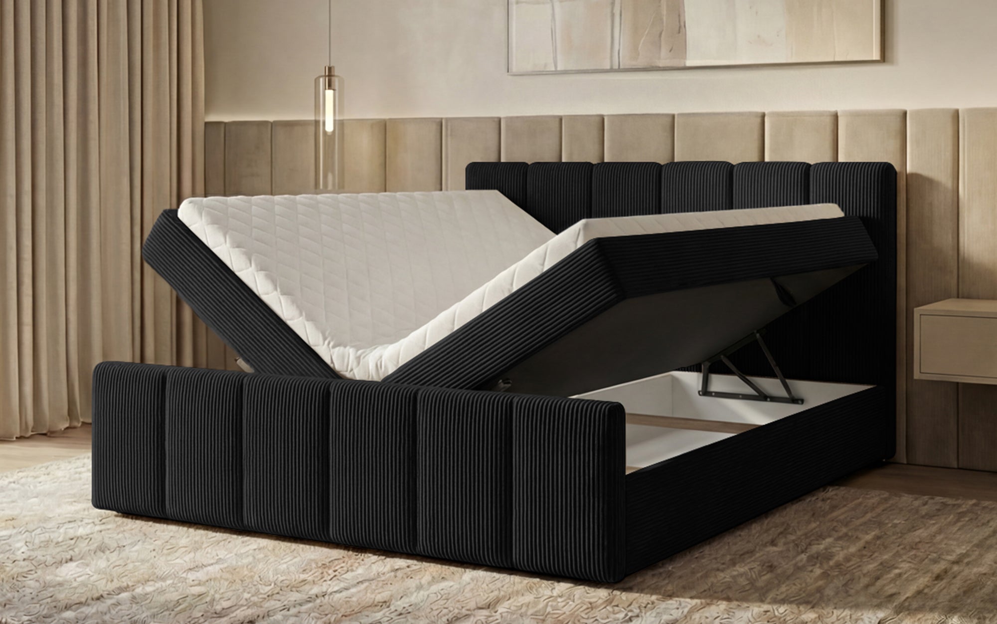 Boxspringbed Siena met opklapbare bergruimte in Ribstof