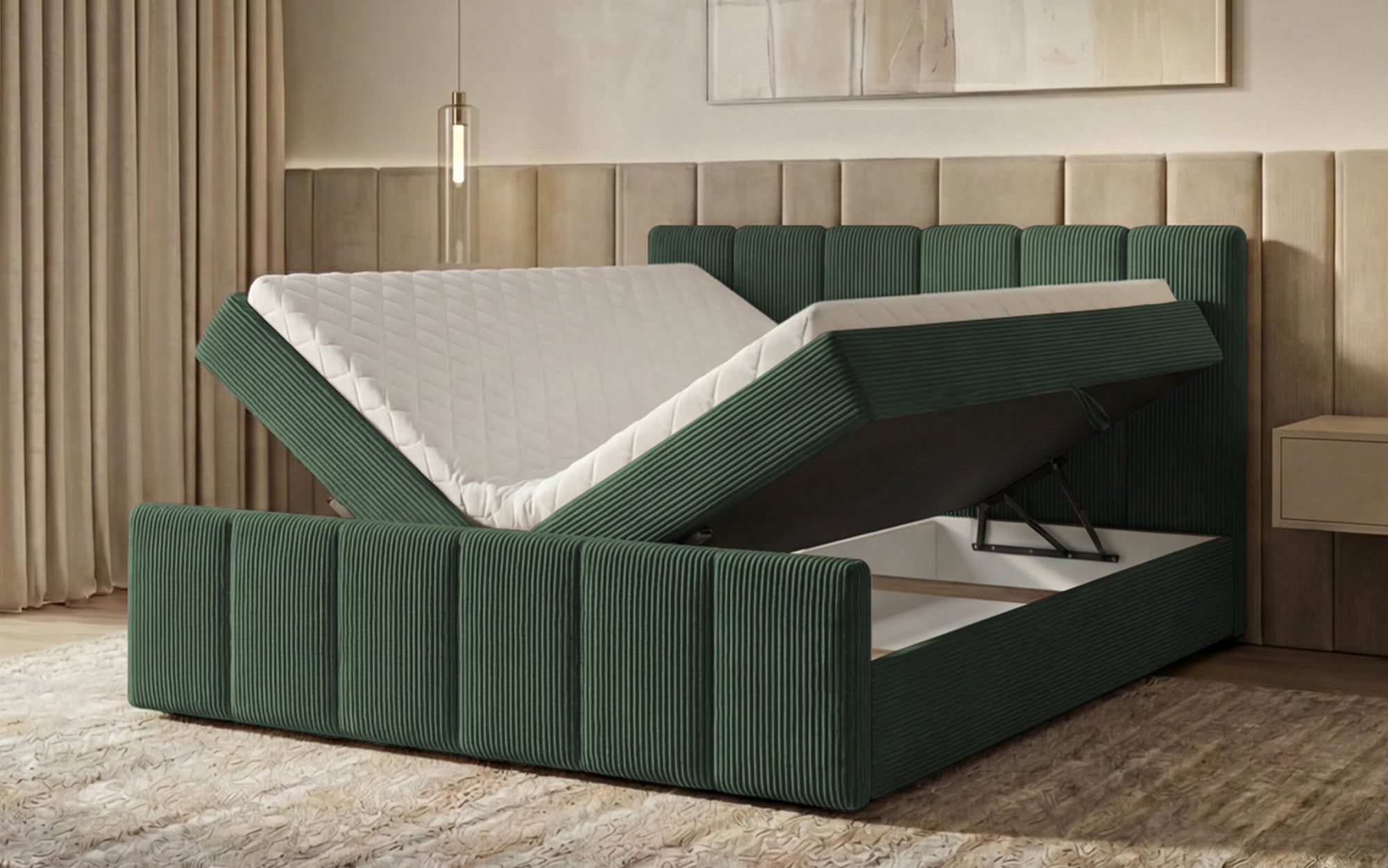 Boxspringbed Siena met opklapbare bergruimte in Ribstof
