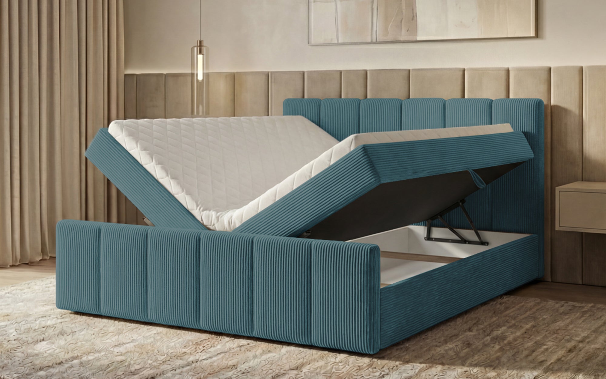 Boxspringbed Siena met opklapbare bergruimte in Ribstof