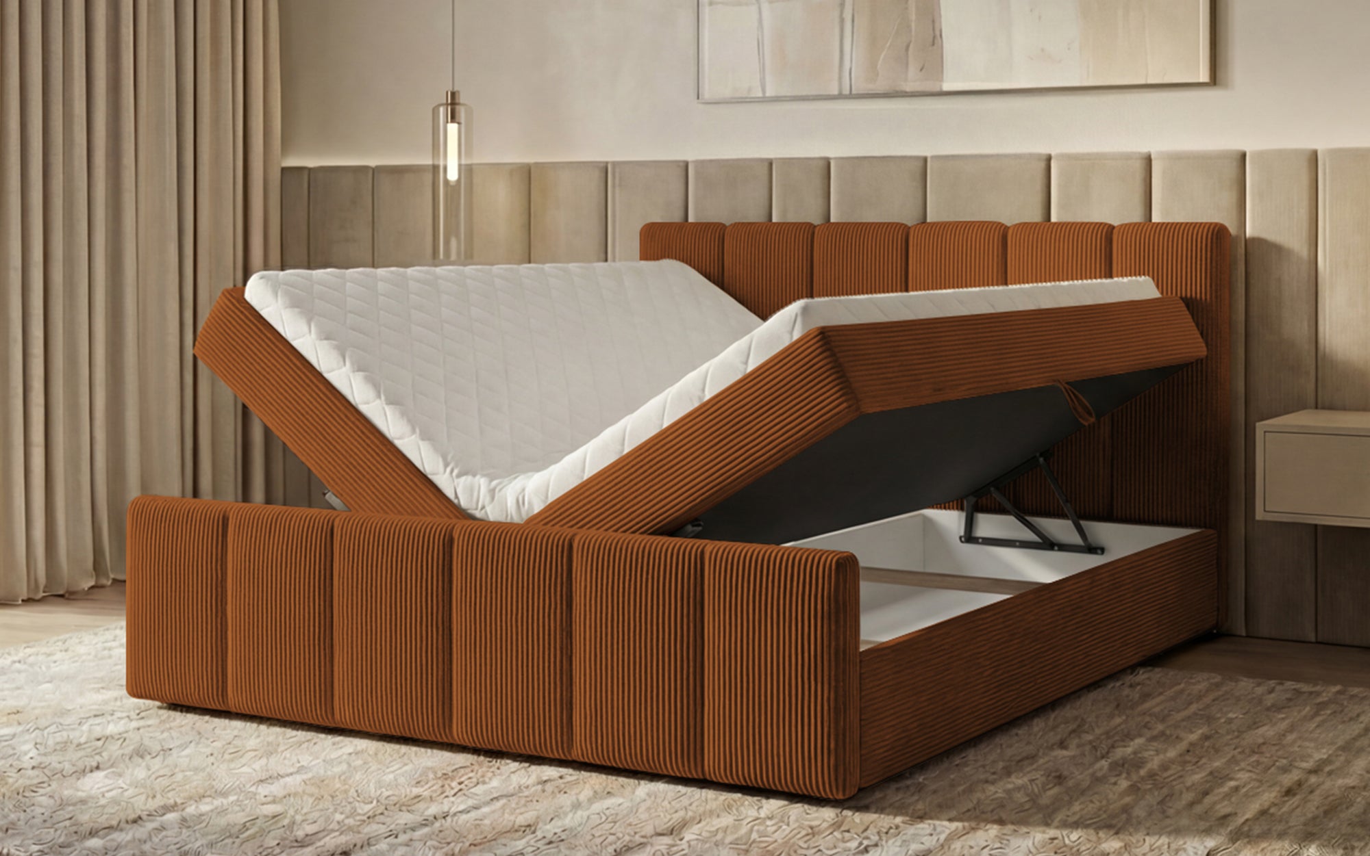 Boxspringbed Siena met opklapbare bergruimte in Ribstof
