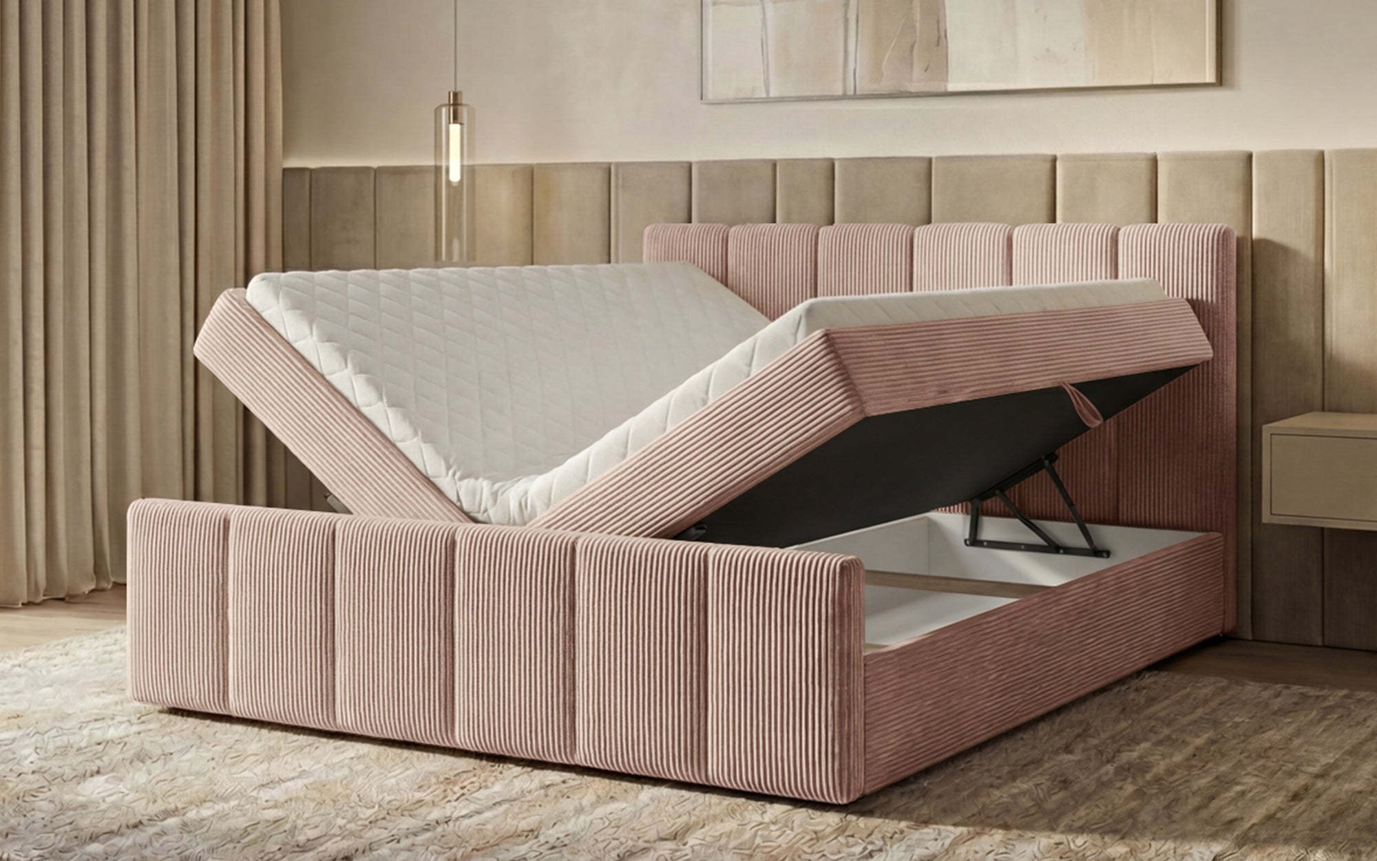 Boxspringbed Siena met opklapbare bergruimte in Ribstof