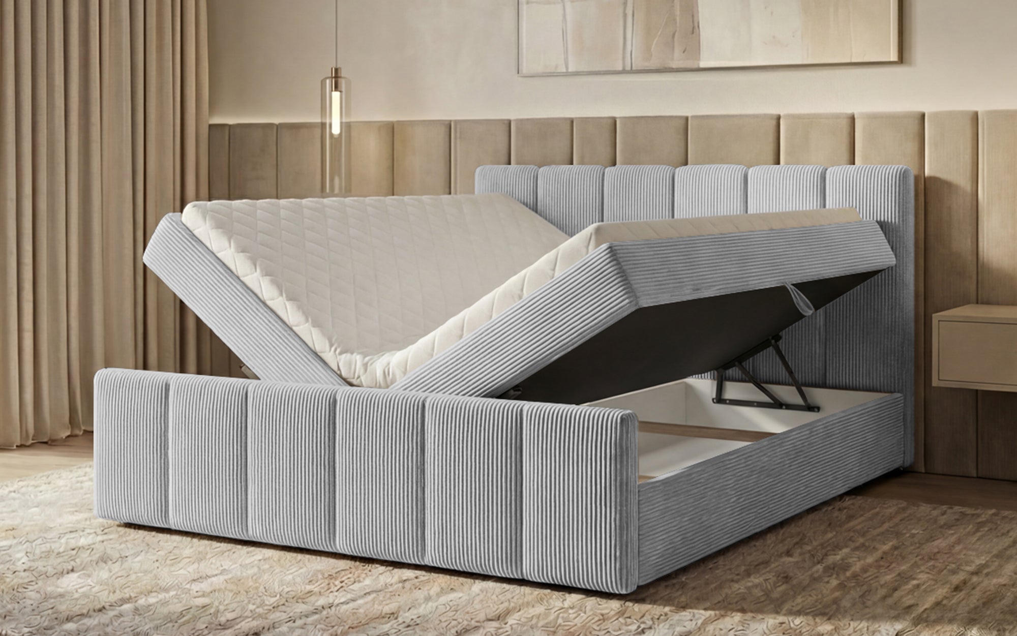 Boxspringbed Siena met opklapbare bergruimte in Ribstof