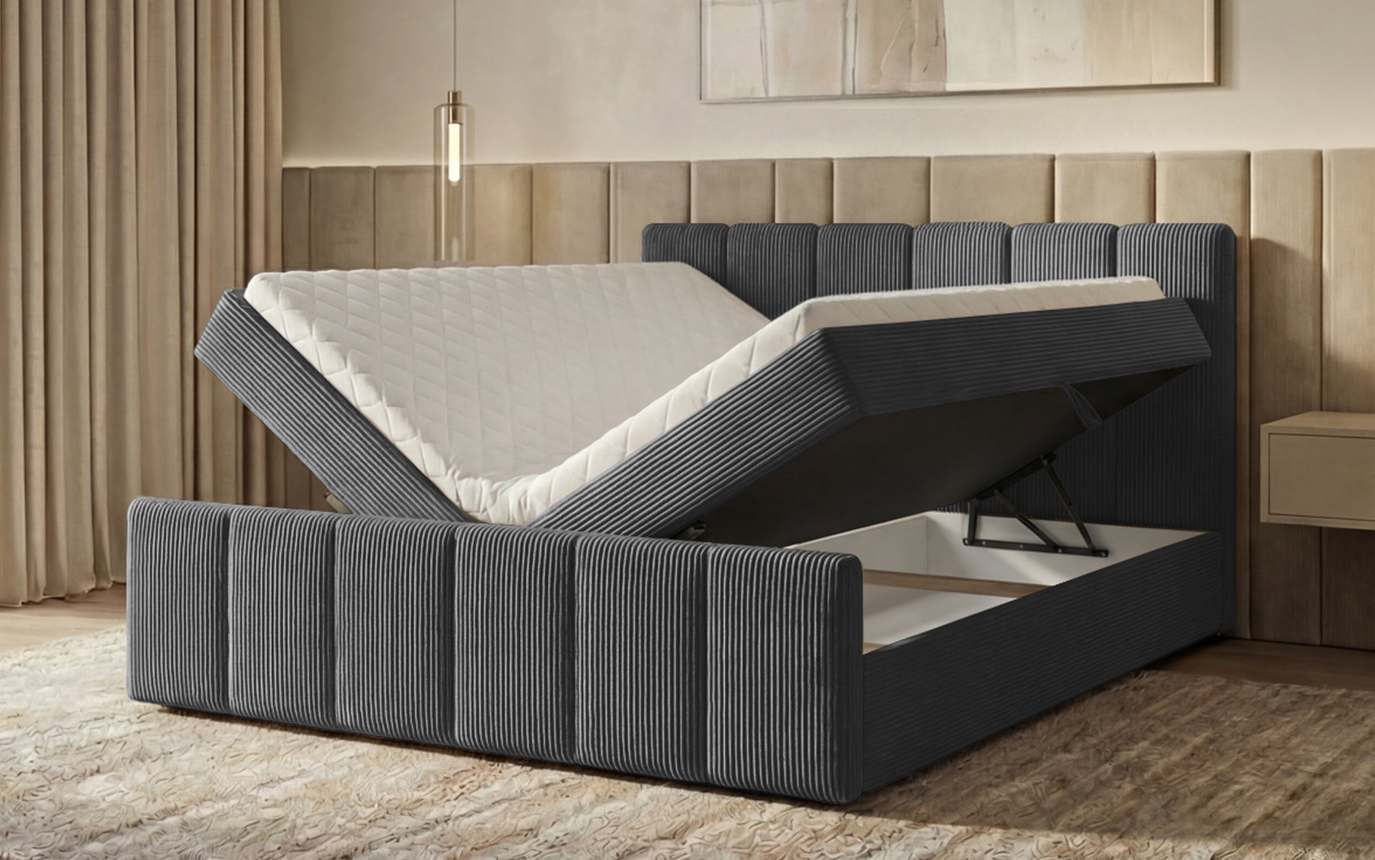 Boxspringbed Siena met opklapbare bergruimte in Ribstof